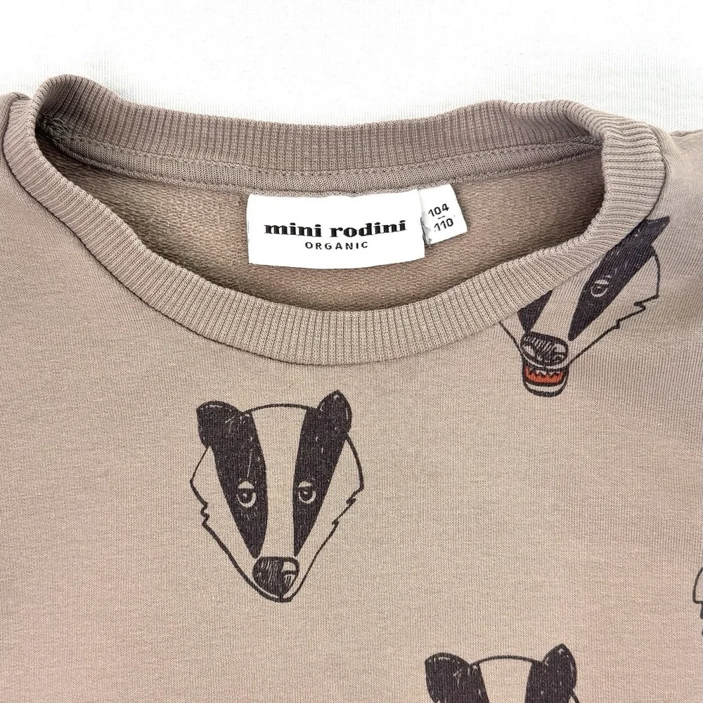 Mini Rodini Taupe Beige Organic Cotton Sweatshirt Long Sleeve Badger Print 110